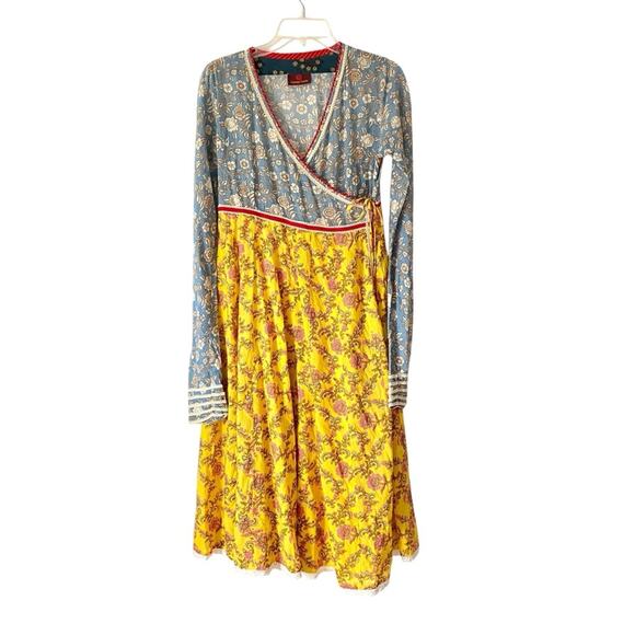 Vintage Earth Bohemian India Print Wrap Dress Lace Trim Blue Yellow size medium - Picture 1 of 9